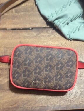 Michael Kors Brown Monogram Belt Bag with Coral Trim